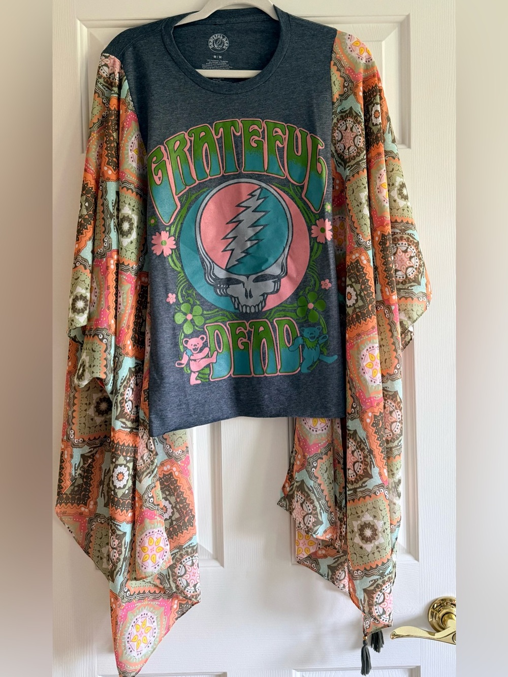 Custom Upcycled GRATEFUL DEAD Graphic Tee Patchwork Kimono Poncho Top OSFM OOAK - Picture 2 of 4